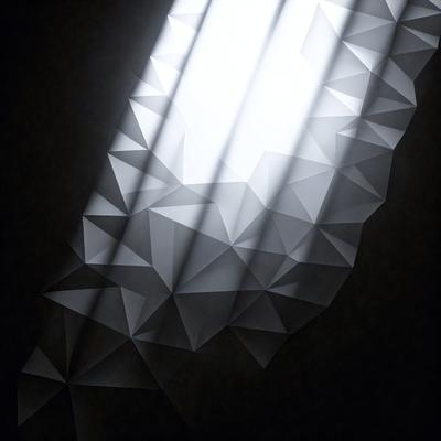 The primary subject of the image is a geometric pattern, which appears to be a white diamond shape. The setting is a dark room, and the visual style is a combination of digital art and illustration. The dominant colors are white and black, creating a contrasting and visually striking pattern. The overall atmosphere of the image is mysterious and intriguing, as the viewer is drawn to the geometric pattern against the dark background.